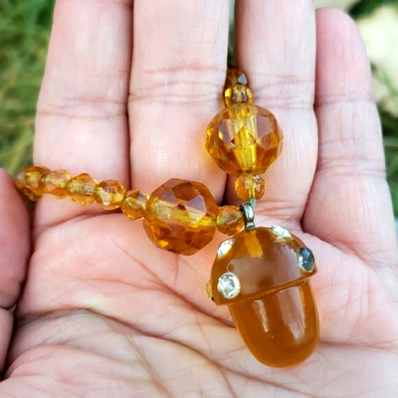 Antique Bakelite Acorn Rhiestone Pendant Necklace - Picture 7 of 13